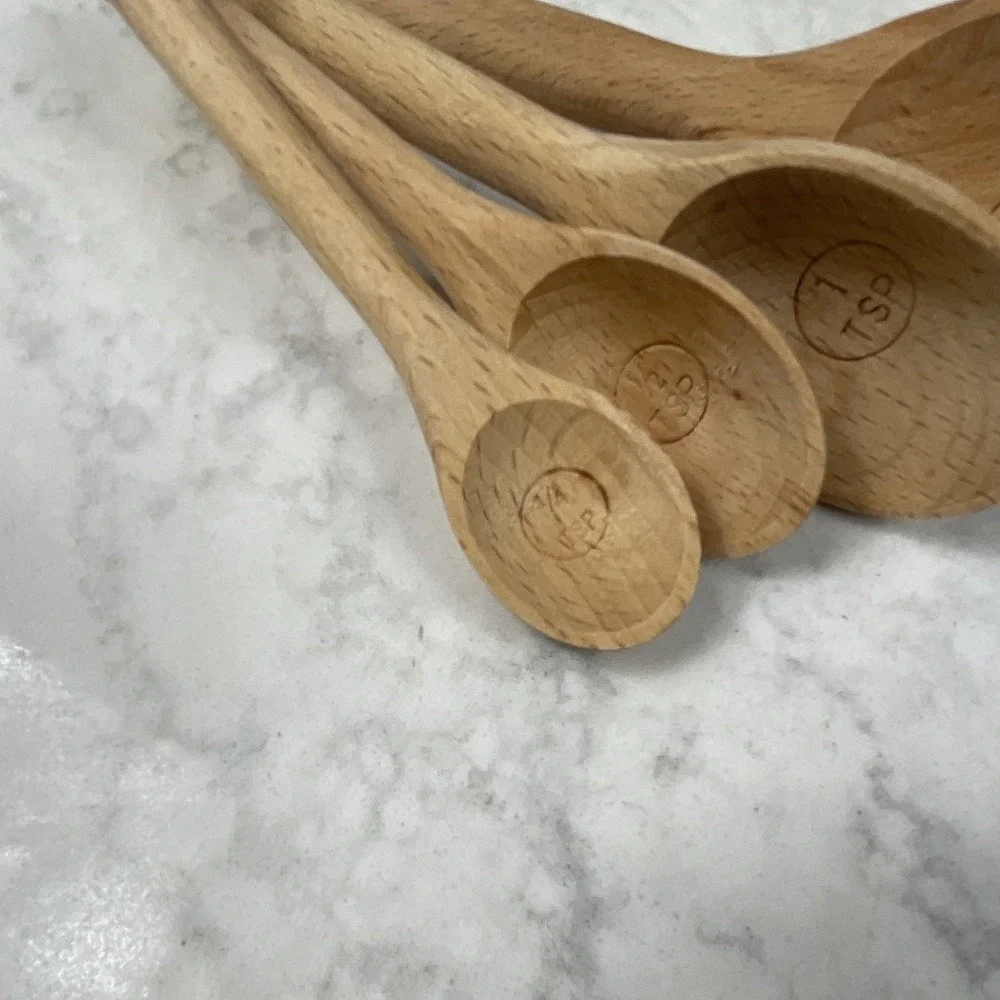 Wood Measuring Spoons Set 4-Piece Brown Round w/ Handles Measurement Markings